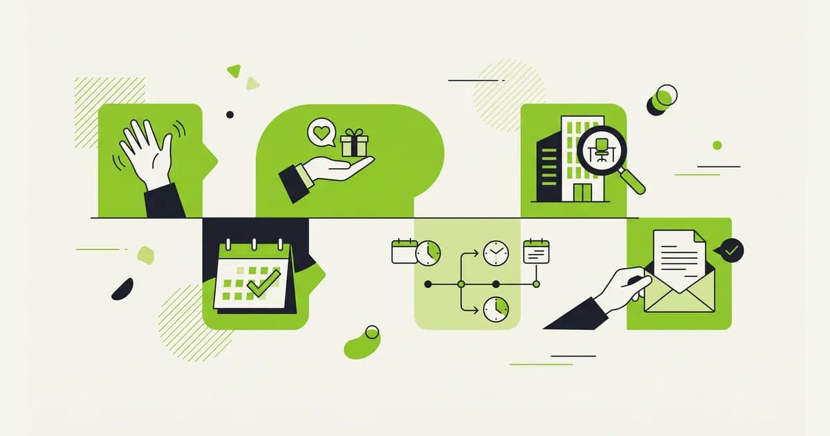 Diagram enam unsur balasan panggilan interview: sapaan, terima kasih, posisi, kesediaan, detail jadwal, dan penutup