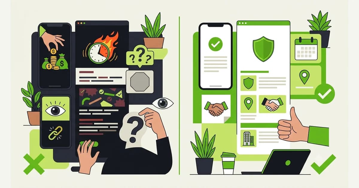 Ilustrasi perbandingan dua pesan undangan interview, satu menunjukkan tanda penipuan dan satu tampak sah