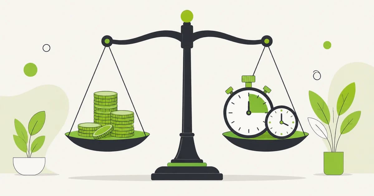 Ilustrasi timbangan yang menimbang tumpukan koin di satu sisi dan stopwatch di sisi lain