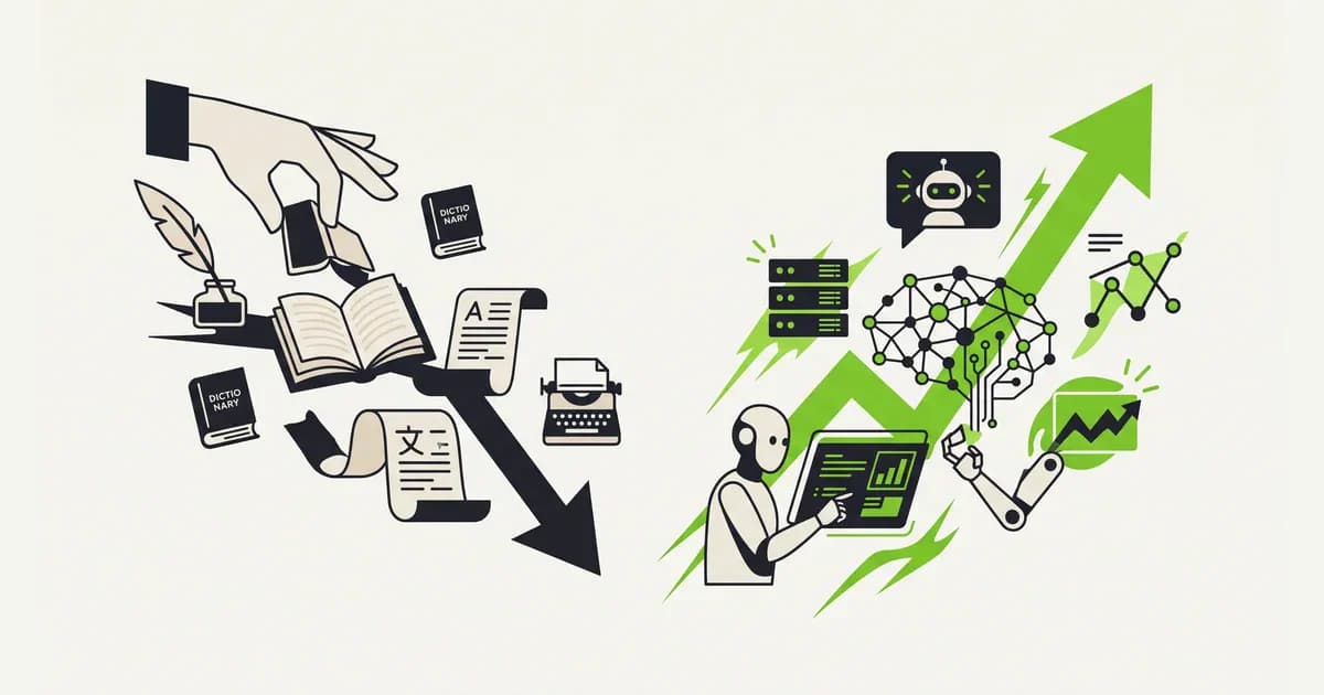 Grafik yang membandingkan penurunan permintaan pekerjaan freelance penulisan dan penerjemahan dengan kenaikan permintaan keahlian machine learning dan pembuatan chatbot