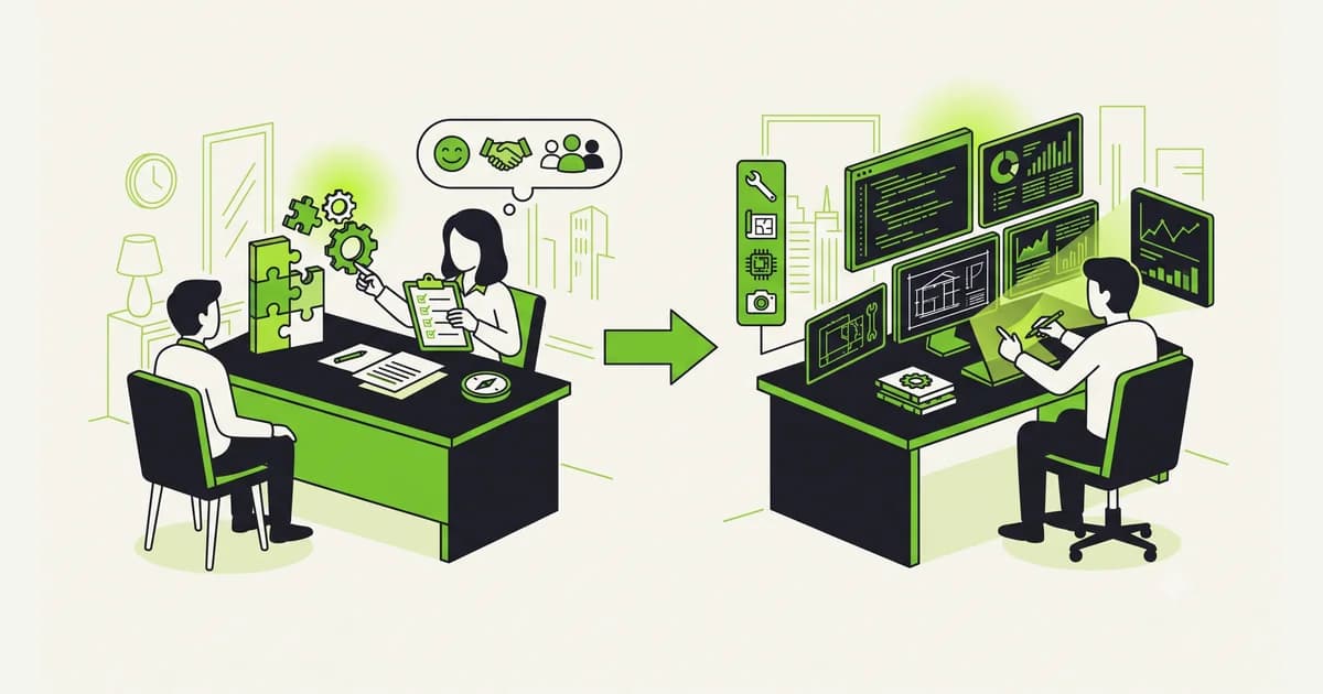 Diagram dua tahap seleksi kerja: meja HRD yang menilai kecocokan dan meja user yang menilai kemampuan teknis