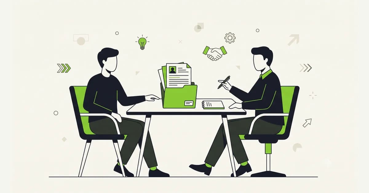 Ilustrasi sesi interview kerja: dua kursi berhadapan dengan meja dan berkas lamaran di atasnya