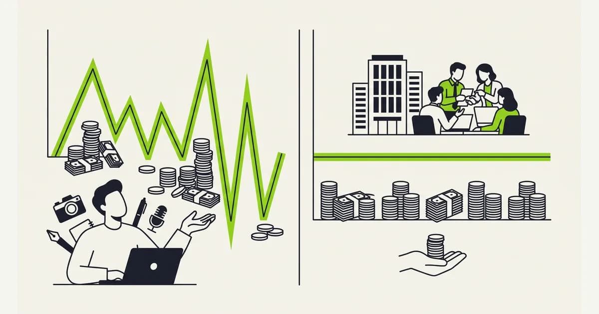Grafik sederhana yang membandingkan penghasilan freelance yang naik turun tiap bulan dengan gaji karyawan tetap yang datar