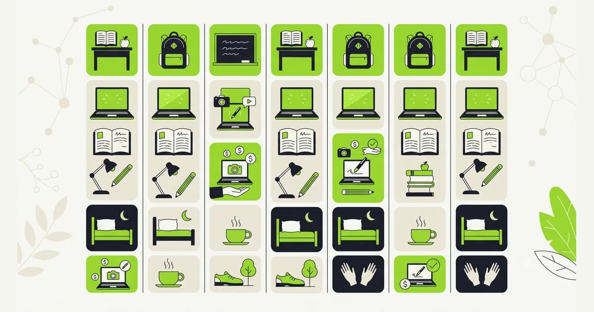 Ilustrasi jadwal mingguan pelajar yang membagi waktu antara jam sekolah, belajar, istirahat, dan blok kerja freelance yang kecil