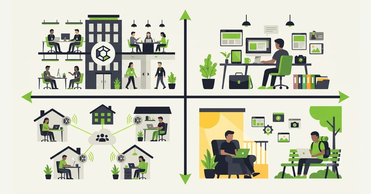 Diagram dua sumbu yang memisahkan lokasi kerja (kantor, hybrid, WFH, remote) dari status kerja (karyawan atau penyedia jasa mandiri)