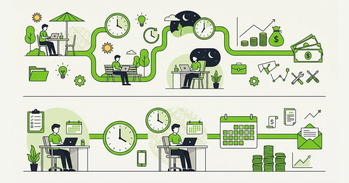 Ilustrasi perbandingan freelance dan part time digambarkan sebagai dua jalur kerja berbeda dengan pola jam dan bayaran yang berlainan