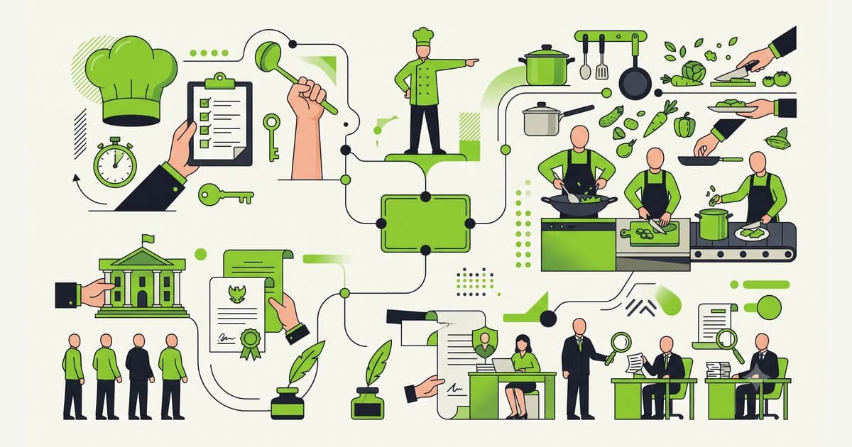 Diagram tiga jalur rekrutmen di program MBG yang bercabang dari satu kotak pusat menuju kepala dapur, tenaga dapur, dan seleksi pegawai pemerintah