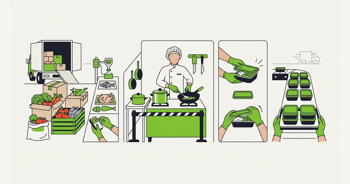 Ilustrasi rantai keamanan pangan dari bahan mentah, area masak terpisah, wadah tertutup, sampai pengiriman baki makanan