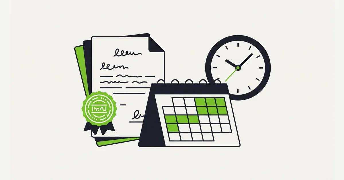 Ilustrasi dokumen peraturan bersegel resmi di samping kalender meja dan sebuah jam, melambangkan hak cuti yang diatur undang-undang
